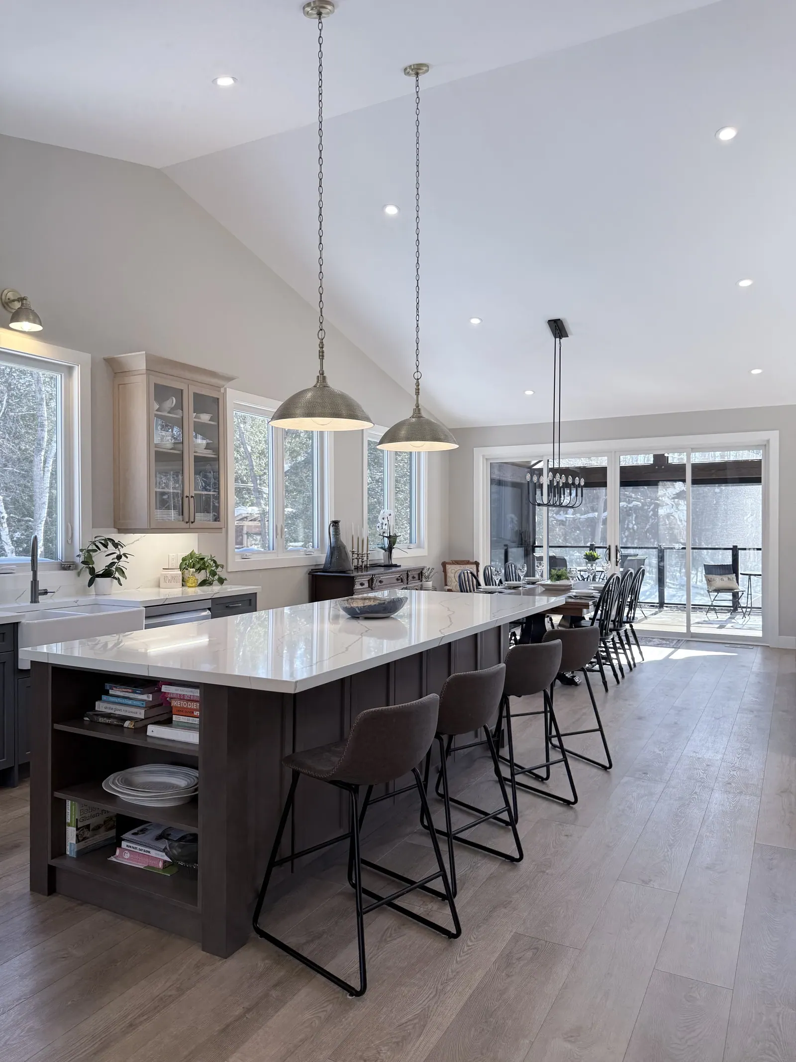 Bright kitchen with a long island and bar seating