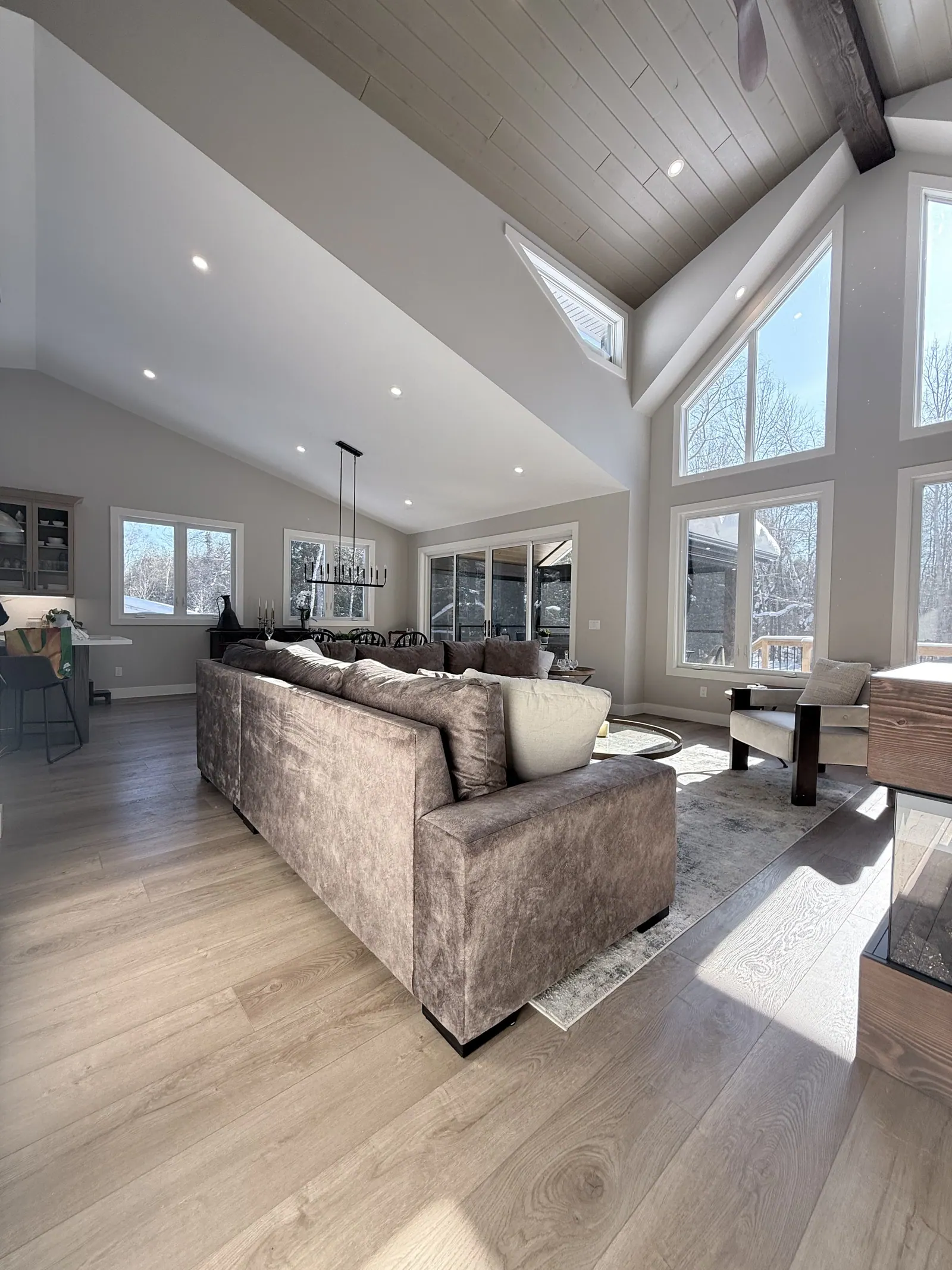 Living room with a high ceiling, tall windows and a velvet sectional