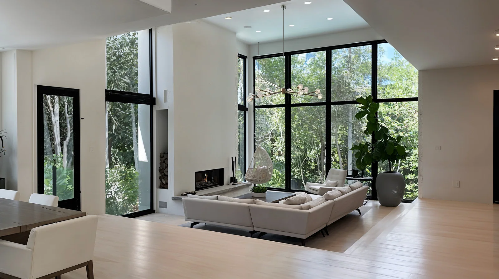 Bright living room with a two-storey wall of windows, freshly painted white walls