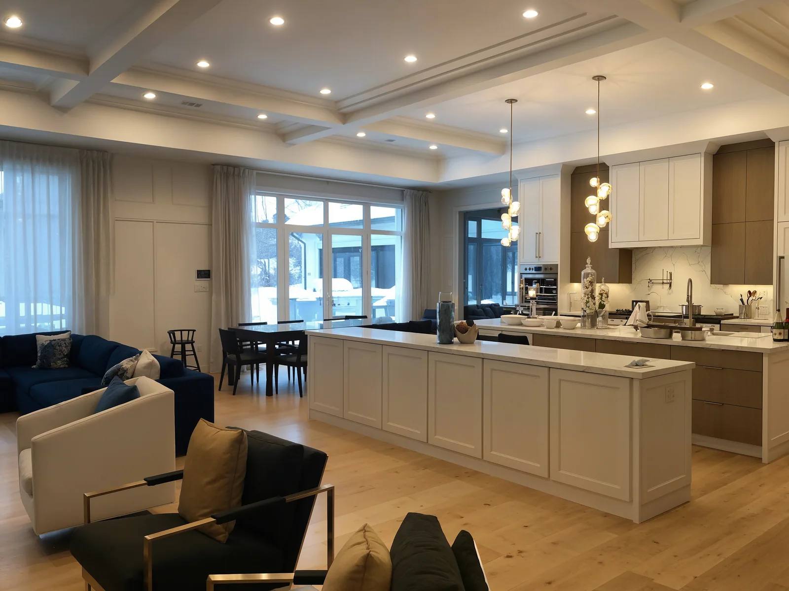Open-concept kitchen with a large painted island and pendant lighting