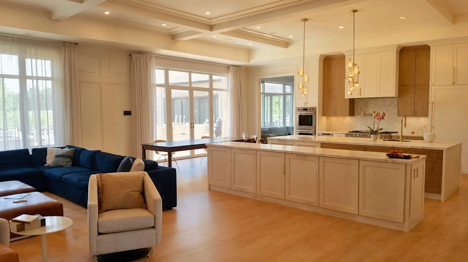 Kitchen with a coffered ceiling, cream cabinetry and a navy sofa