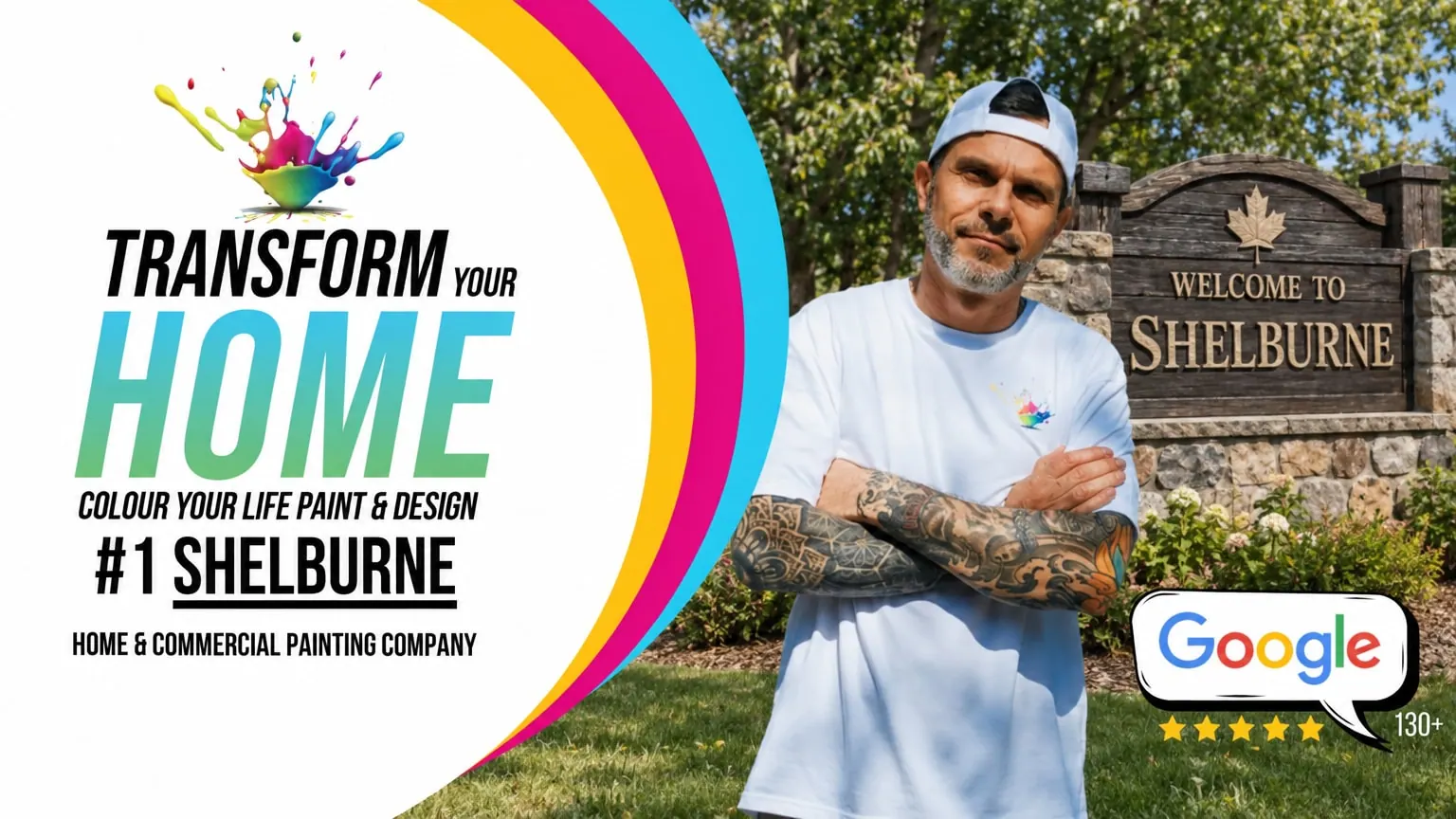 Casey of Colour Your Life Paint & Design in front of a Welcome to Shelburne sign